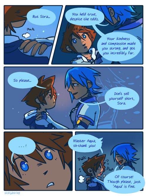 sicklydoodles:   she’s glad he turned out to be such a good kid after all. a celebratory “new game is finally happening” comic: AU where Ansem the Wise’s machine at the end of KH2 somehow released my girl aqua from the Realm of Darkness and she