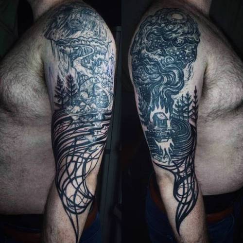 Added more onto Dave&rsquo;s arms today. The scene on the left is about two years old and the one to