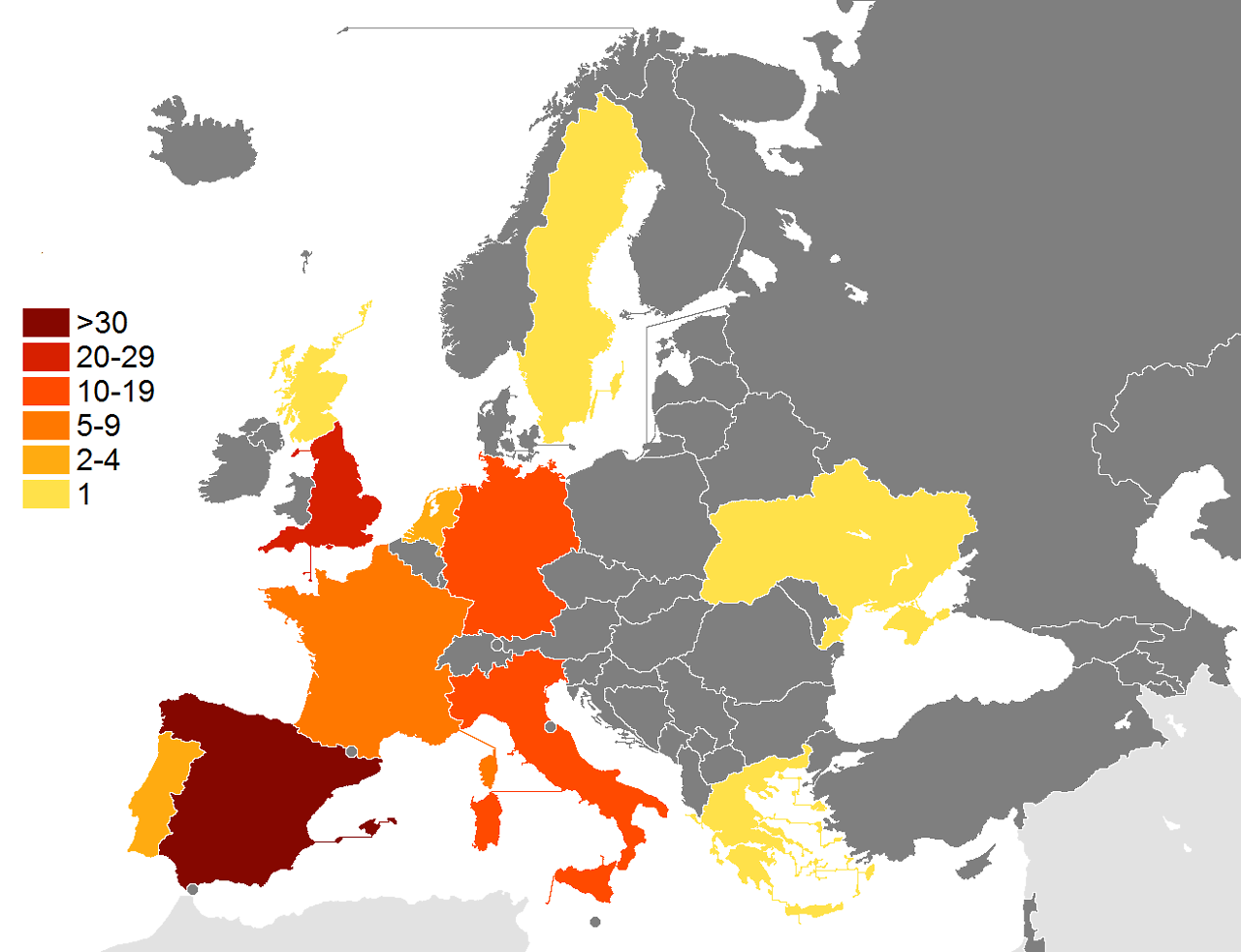 mapsontheweb:  Appearances in Top 4 in UEFA Champions League 1992-1993/2016-2017