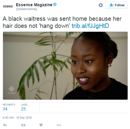 blackmattersus:  A server at a Jack Astor’s Bar & Grill was sent home during her third day of training because she was wearing her natural hair in a bun. Akua Agyemfra, a 20-year-old college student in Toronto, said that her manager instructed women