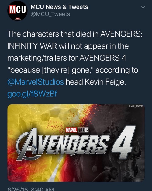 ourmarvelousuniverse - Kevin Feige, continuing to say everyone is dead - Me, in denial - 