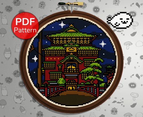 Click on the image to download the pattern.-Spirited Away - Bathhouse at Night-15 DMC colorsDesign A