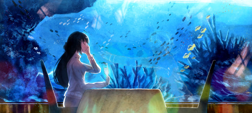 aquarium date with invisible person, original drawing.sorry for no activity these days. i’ll try to 