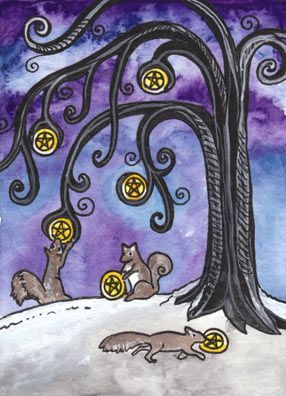 themagicfarawayttree:  Tarot of Trees  A very different looking 6 of Pentacles…usually it would show a wealthy merchant dropping coins to beggars, but this shows squirrels collecting inedible gold coins from a tree in winter - i think the image