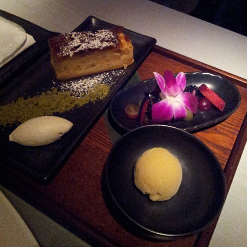 Apple bread pudding with green tea crumble & brown butter ice cream. (at Morimoto)