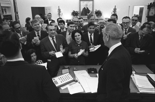 President Lyndon B. Johnson holding a Press Conference in the White House Oval Office, Helen Thomas center.
Photo by Frank Wolfe, 1968.