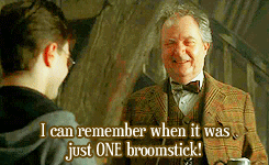 A gif of a jovial Horace Slughorn. We can see that he is speaking to Harry, and the captions read: I can remember when it was just ONE broomstick!
