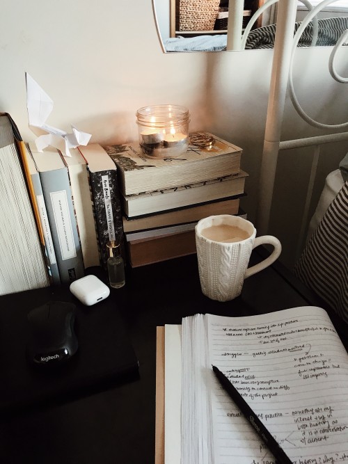 ohk4te:tableau of a research assistant’s desk, 3 november 2020: books, long sleeves, breakfast tea, 