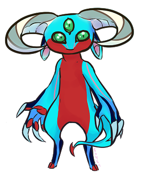 art of a cute three eyed, horned, clawed goblin with Dusty's colours