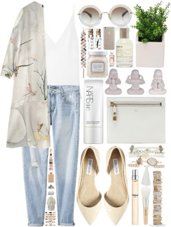 iphigenia-laurette:  oh emma my bae by sophiielin featuring a buddha statue ❤ liked on PolyvoreBiyan monarch butterfly dress / J Brand white tank top, £68 / Mossimo distressed jeans, £19 / Steve madden flat, £39 / Tom Ford white handbag, £450 /