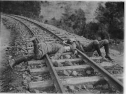 During the construction of the Puffing Billy railway line, in 1900, there was a great photographic opportunity for pranksters. This photo is entitled  &lsquo;Accident - Gembrook railway - a joke&rsquo;. (Photographer: Mark James Daniel. Dated August 26,