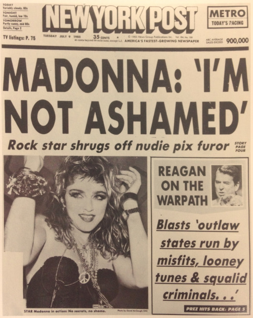 madonnascrapbook:Tuesday, July 9, 1985 | Madonna: “I’m Not Ashamed”