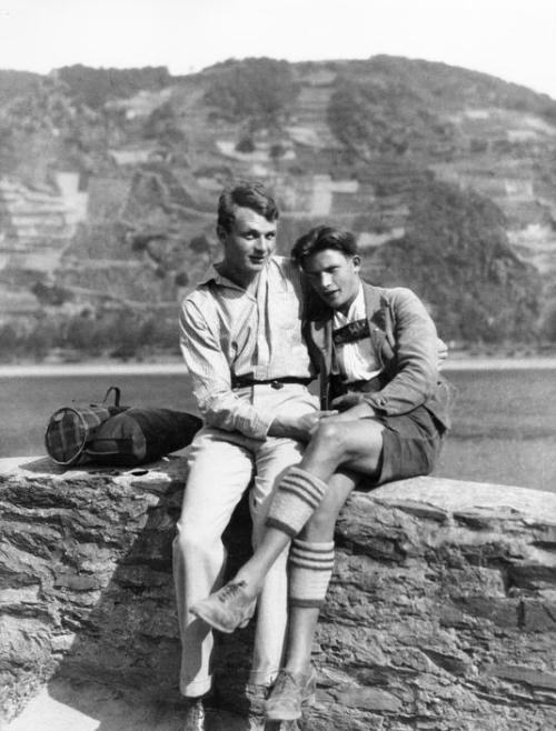 sean-clancy: Stephen Spender and German friend Franz Büchner on the banks of the river Rhine, G