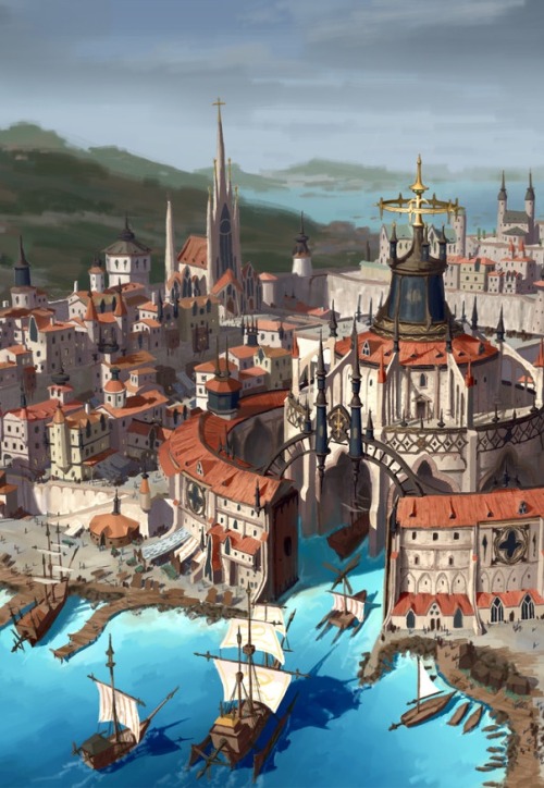we-are-rogue:art by 달 봉이:Medieval port city level design (detail)Medieval port city level designMedi