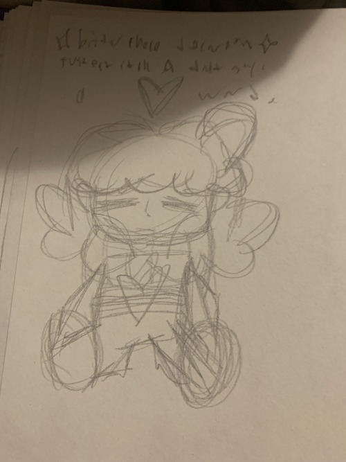 A sketch of Frisk from Undertale sitting and looking sad. You can see a heart outline on them representing the soul, above it says “Bitter choco decoration / just eat it all and don’t say a word.” referencing the song Bitter Choco Decoration