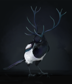 artsjart:  2/25: Common Magpie with Red Deer antlers day two!! pretty happy with this one. Magpies are great birds.