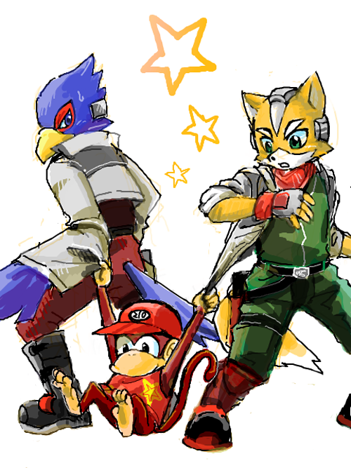 nintendofanboycole:  I thought it was cute and interesting how Diddy Kong dragged both Fox and Falco in Super Smash Bros. Brawl, since in Starfox games the forces of Andross are comprised of apes.  It might actually be the reason they were paired off