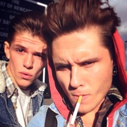 thejamesboyle:  Me and my boy @jordandrobson new haircuts. #thejamesboyle #jamesboyle #jordandrobson #new #haircut #denim #chequey #shirts #hoody #cigarette #80s #James #Dean #stretcher #piercing #cheekbones #eyebrows #hair #boys #boyfriend #boyfriends