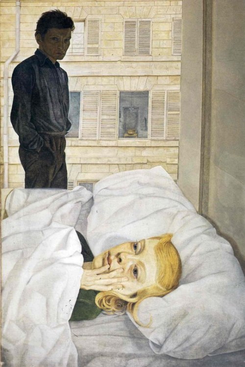 king-without-a-castle: “Hotel bedroom” by Lucian Freud, 1954.