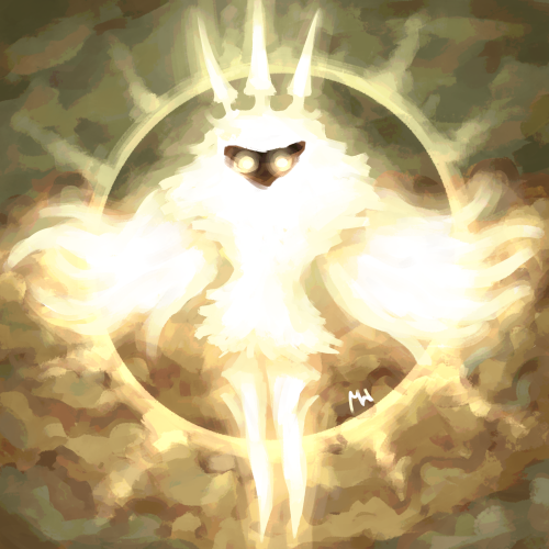 [ID: painterly digital art of the Radiance. Her wings are slightly raised and she is glowing. Behind