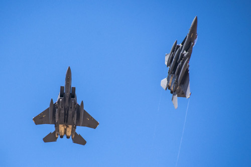 retrowar:F-15E Strike Eagles from the 492nd Fighter Squadron arrive at an undisclosed location in So