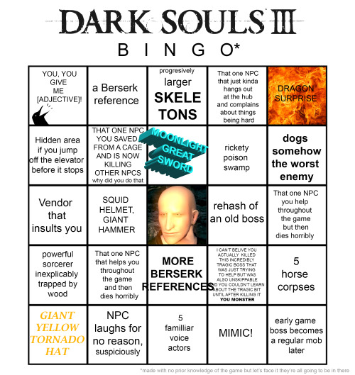 higgsbison:  BINGO IS DONE  I got a hell of a lot of suggestions, but I think these were the best mix of specific and expected  