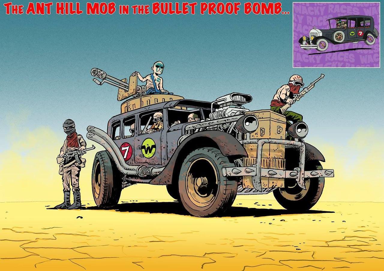 pop-sesivo: Los autos locos en el estilo de Mad Max: Fury Road. Arte: Mark Sexton