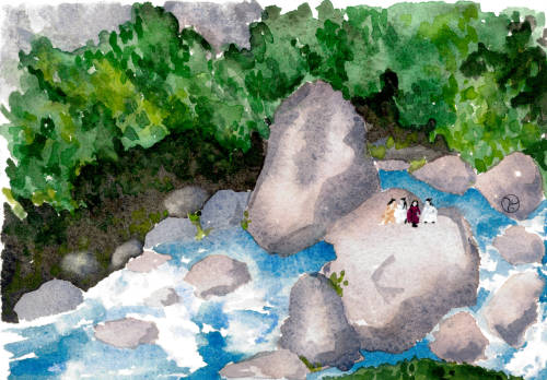 Watercolor landscape that I did as part of an art exchange, featuring the juniors lounging around at