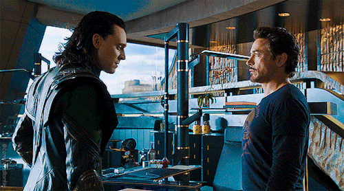 cannonballonfire: Robert Downey Jr. and Tom Hiddleston  in ‘The Avengers’, (2012). Dir. Joss Whedon.