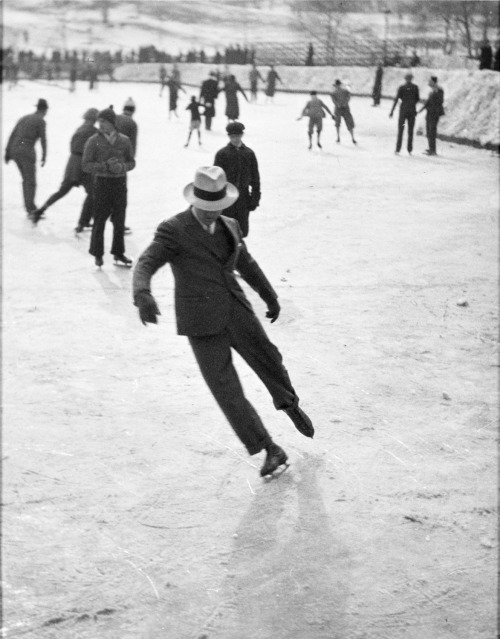 vintageeveryday:Man skating at Wollman Rink in Central Park, New York City, 1937.