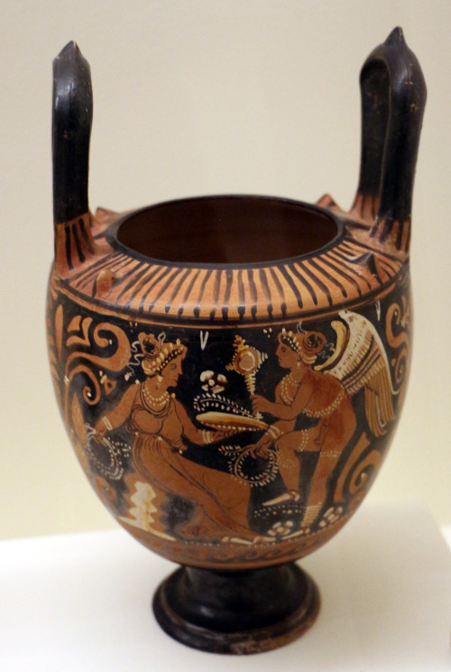 Apulian red-figure lebes gamikos (marriage vase) depicting Eros with a seated woman.  Artist unknown