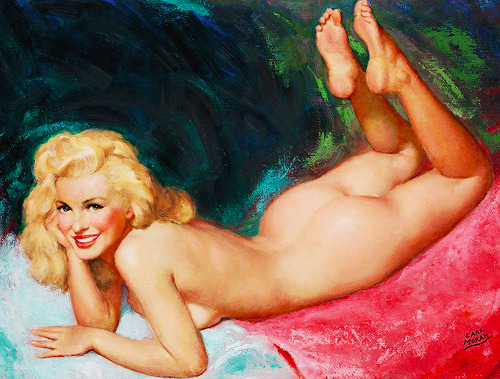 missmonroes:  Marilyn Monroe photographed by Earl Moran and the finished painting c. 1940s 