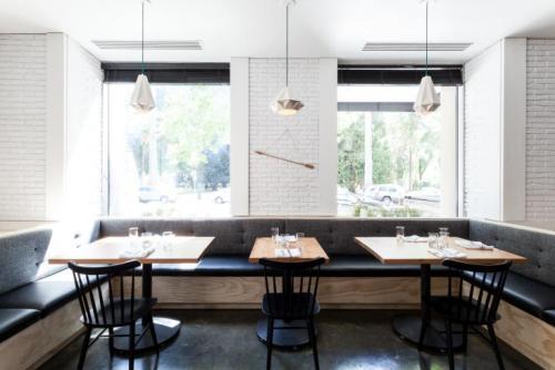 {Love the centre arrangement with the different coloured seats!}In Sacramento, Hock Farm restaurant 