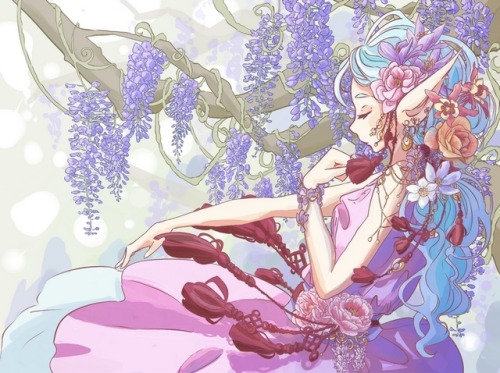 I drew an elf/goddess of flower, with some of the flowers which bloom in april.J’ai dessiné à peu pr
