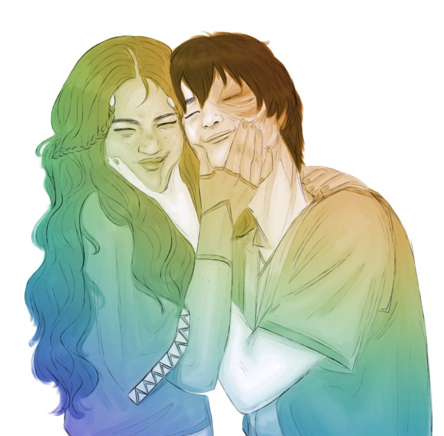 digital portrait of katara and zuko from the waist up scrunching up each other's faces with their hands and smiling as they stand side by side. they are against a white background, with a rainbow gradient filled in within their outlines. they are both wearing baggy mid-length sleeves and nail polish, and their arms are around each other as they lean their heads together.