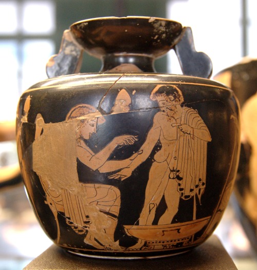 A physician treats a patient.  Attic red-figure aryballos, name-vase of the Clinic Painter; ca.