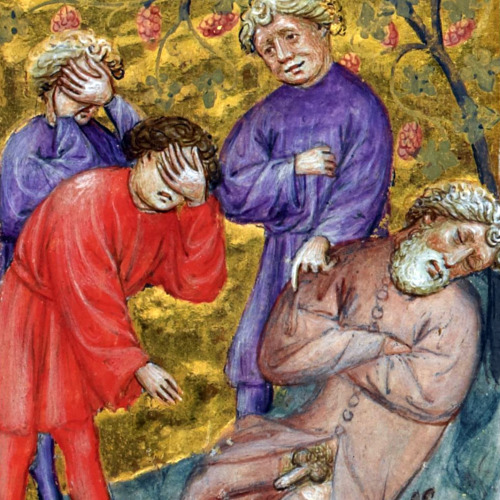 medieval facepalm(Noah, Ham, Shem and Japheth, Genesis 9:20-24)Biblia Pauperum, Netherlands ca. 1395