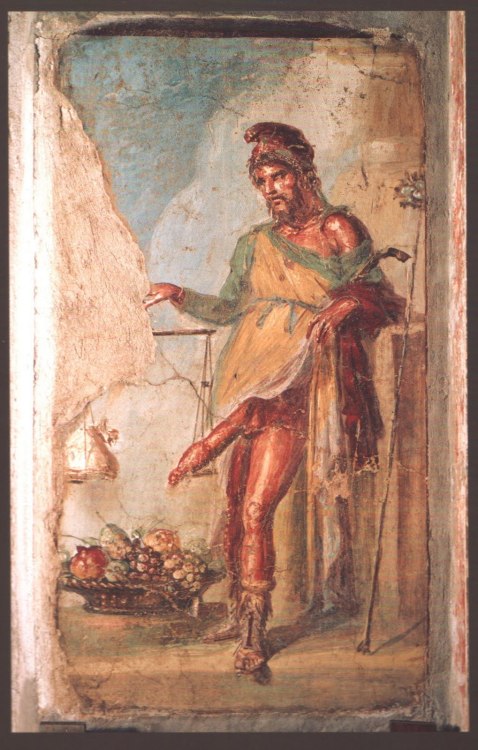 Priape portant un bonnet phrygien pesant son sexe dans une balance (Maison des Vettii (en), Pomp&eac