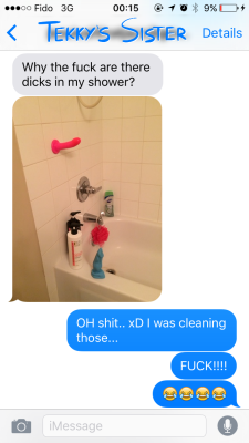 tekkysfurries:  THAT AWKWARD MOMENT WHEN you leave both your DICKS in the shower after cleaning them - one on the wall, the other on the side of the tub - and your SISTER walks in and sees them: bright hot pink and blue!  She continues by asking your