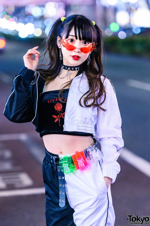 tokyo-fashion:20-year-old Japanese idol Misuru on the street in Harajuku wearing a two-tone setup wi