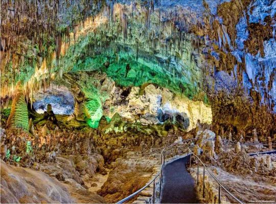 sixpenceee:  The Mammoth Hot Springs of Yellowstone National Park in Wyoming.Chihuahuan Desert in New Mexico is Carlsbad  Caverns National Park, a series of more than 119 caves that were formed  from sulfuric acid that dissolved its surrounding limestone