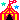 id: red and yellow circus tent with a waving white flag at the top, next to it a green star on the left and a blue star on the right