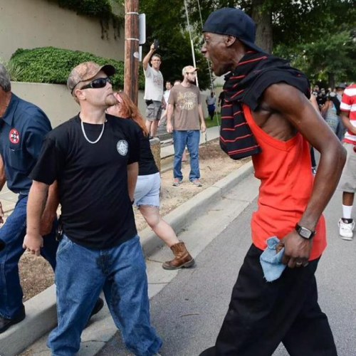 kingphill:  revolutionary-mindset:  Black man making KKK member piss his pants! 😂 #southcarolina #columbia #FuckPeace  It’s all fear..They just scared, smh