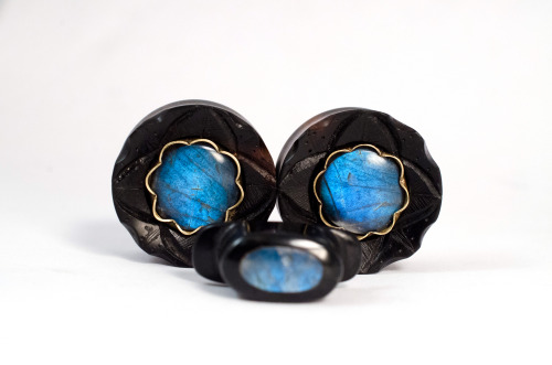 heartonsleevejewelry:  1 inch ebony, labradorite, and brass settings 15 mm black nephrite with labradorite 