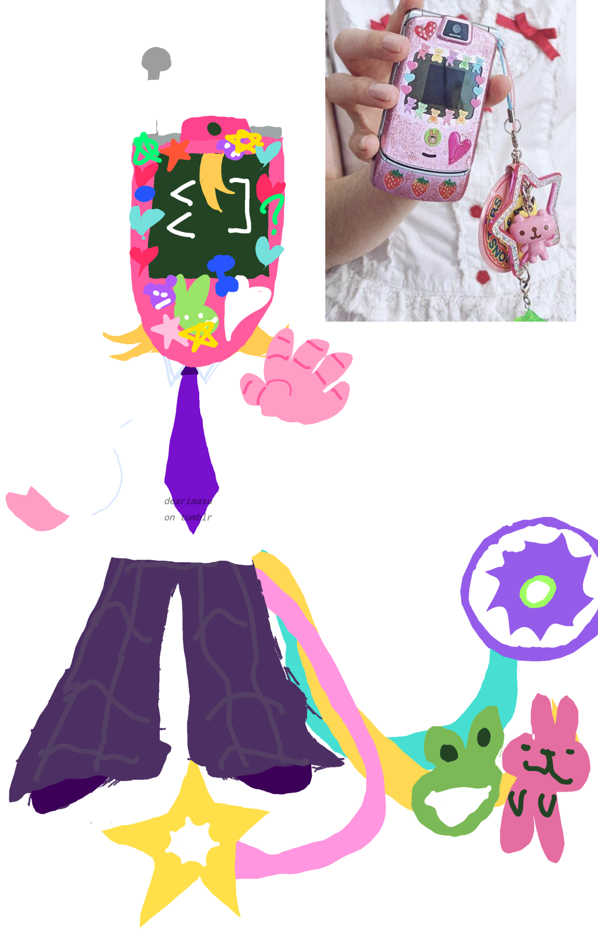 Teru as a robotic object head. He has a pink flip phone for a head, which is decorated with various stickers and an assortment of keychains serving as a tail.