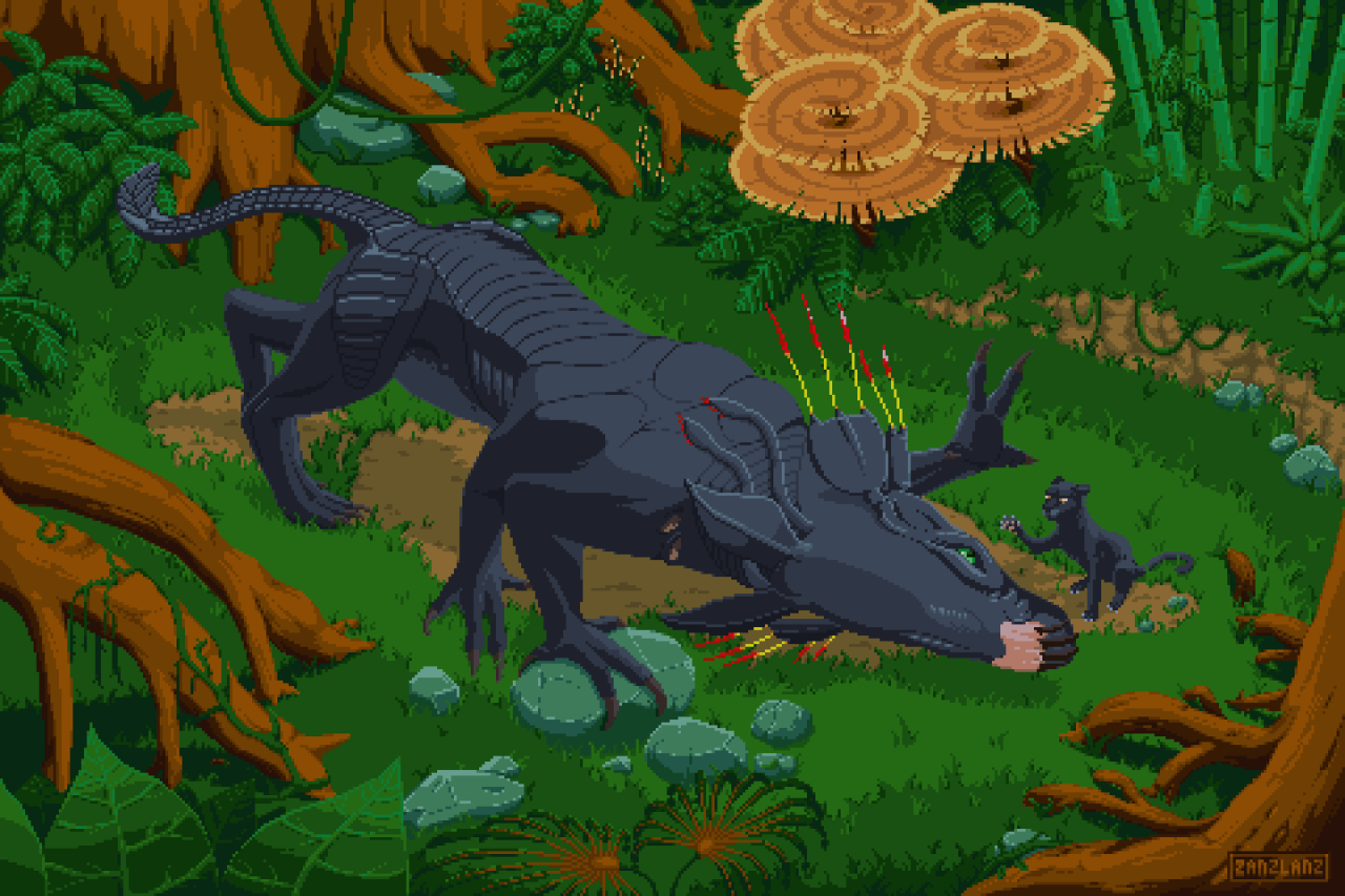 zanzlanz:
“ Zoom in - it’s pixel art! You are witnessing James Cameron’s panther meeting its real life counterpart.
I loved the Thanator scene from Avatar. I hope I did it justice :)
”
And this is the process gif for my “Thanator vs. Panther” pixel...