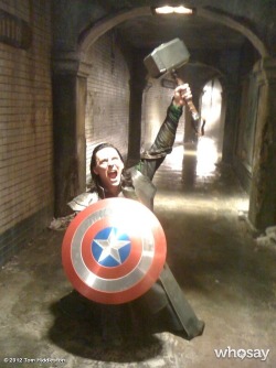 fuckyeahbehindthescenes:  During one lunch break during the shooting of Avengers, Tom Hiddleston stole Captain America’s Shield and Thor’s Hammer. He then texted this photo to Chris Hemsworth and Chris Evans and claimed he wouldn’t give them back.