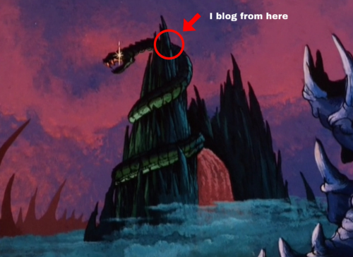 Evil looking castle with a huge snake winding around it. A small text reads "I blog from here" with a red arrow pointing at the peak. According to google images it's the Snake Mountain from Skeletor!