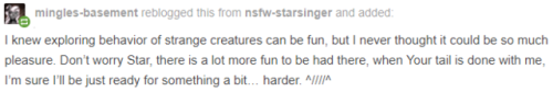 nsfw-starsinger:  A follower post of the previous post featuring ask-mingle.Mingle seems to like how the result becomes when combining the pleasure from my living tail and my stallion. omai~ >//w//>
