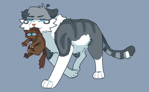 A digital illustration of Jayfeather and Sorrelkit from warrior cats. Jayfeather is walking with his ears pinned back as he carries a mildly angry Sorrelkit. Despite Jayfeather's usual annoyance, there is a slight tilt to his lips as he hides a smile.